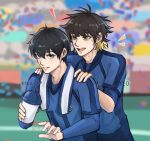  ! 2boys bachira_meguru black_hair blonde_hair blue_eyes blue_lock blue_shirt blurry blurry_background commentary cup hands_on_another&#039;s_shoulders highres holding holding_cup isagi_yoichi kyllooelo layered_sleeves long_sleeves looking_at_another male_focus multiple_boys open_mouth shirt short_hair short_over_long_sleeves short_sleeves smile soccer_uniform sportswear standing sweat yellow_eyes 