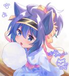  1girl ahoge animal_ears atsu_toushirou_(tenka_hyakken) blue_eyes blue_hair cat_ears cotton_candy food from_above hair_ribbon hairband japanese_clothes kimono obi_bow okanoyuno open_mouth ponytail ribbon short_hair sitting_on_bench tenka_hyakken yukata 