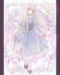  1girl blonde_hair blue_dress blue_eyes blue_sash bug butterfly card closed_mouth dress floral_background flower framed frilled_dress frills full_body hair_over_shoulder head_tilt highres komirihikku lips long_hair long_sleeves looking_at_viewer original pale_color pastel_colors petticoat pillarboxed playing_card purple_flower purple_footwear purple_rose rose sash skirt_hold sleeves_past_elbows socks solo white_background white_flower white_rose white_socks 