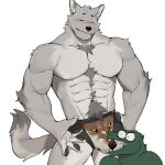  1:1 5_fingers abs absurd_res anthro bite black_pawpads blush blush_lines bulge bulge_bite canid canine canis claws clothed clothing countershade_fur countershade_torso countershading duo eyes_closed fingers fur gakujo grey_body grey_fur hi_res inner_ear_fluff male mammal meme meme_clothing muscular muscular_anthro muscular_male pawpads pecs scalie simple_background smile tail tuft underwear underwear_only white_background wolf 