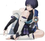  1boy bangs bare_shoulders black_bow black_hair black_shirt black_shorts blue_cape bow bridal_gauntlets cape chinikuniku choko_(cup) closed_mouth collarbone commentary covered_collarbone cup eyeshadow feathers feet full_body genshin_impact hakama hakama_shorts holding holding_cup jacket japanese_clothes looking_away looking_down makeup male_focus no_headwear obi off_shoulder open_clothes open_jacket parted_bangs petals pom_pom_(clothes) purple_eyes red_eyeshadow sash scaramouche_(genshin_impact) shirt short_hair short_shorts short_sleeves shorts sidelocks simple_background sitting sleeveless sleeveless_shirt smile solo symbol-only_commentary tassel toes vision_(genshin_impact) wanderer_(genshin_impact) white_background white_jacket wide_sleeves 