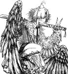  1girl absurdres ahoge animal animal_feet animal_hands animal_on_head anklet bandaid bandaid_on_cheek bandaid_on_face bird bird_legs bird_wings black_necktie chick claws closed_mouth coat coat_on_shoulders collared_shirt digitigrade feathered_wings feet_out_of_frame greyscale hair_over_one_eye hand_up harpy highres holding holding_weapon jewelry looking_at_viewer machete monochrome monster_girl necktie on_head original pleated_skirt shiokaze1409 shirt short_hair short_sleeves simple_background skirt solo squatting talons v weapon white_background winged_arms wings 