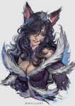  1girl ahri_(league_of_legends) alternate_hairstyle animal_ears black_hair blue_eyes breasts cleavage cropped_torso detached_collar facial_mark fangs fox_ears fur_collar highres large_breasts league_of_legends long_hair looking_at_viewer midnight_ahri smile solo strapless tiara whails whisker_markings yellow_eyes 