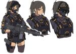  1girl 3_small_spiders absurdres assault_rifle brown_eyes dark_skin gloves gun h&amp;k_hk416 highres holding holding_weapon holster mask mouth_mask original plate_carrier ponytail reference_sheet rifle shorts sketch solo tactical_clothes thighhighs trigger_discipline visor_(armor) weapon white_background 