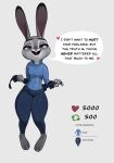  &lt;3 3_toes 4_fingers anthro breasts clothed clothing dialogue disney english_text eyebrows feet female fingers full-length_portrait fur grey_background grey_body grey_fur hi_res judy_hopps lagomorph leporid long_ears mammal open_mouth portrait purple_eyes qupostuv35 rabbit simple_background solo speech_bubble standing text thick_thighs toes wide_hips zootopia 