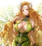  1girl absurdres ahoge apt arm_strap bangs breasts breasts_apart brown_hair circlet cowboy_shot dress feathers final_fantasy final_fantasy_xiv green_dress green_eyes hair_ornament highres large_breasts leaf_hair_ornament light_smile long_hair looking_at_viewer nophica parted_bangs parted_lips plant shiny_skin solo strapless strapless_dress turtleneck_dress very_long_hair wavy_hair wristband 