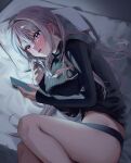  1girl aliasing bed bed_sheet black_panties blush breasts cellphone chigusa_minori cleavage_cutout clothing_cutout large_breasts long_hair lying navel no_pants original panties phone pillow saotome_shino_(chigusa_minori) smartphone thighs underwear 