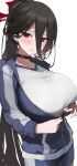  1girl absurdres bangs black_choker black_hair blue_archive blue_jacket blue_shorts blush breasts choker hair_between_eyes halo hasumi_(blue_archive) hasumi_(gym_uniform)_(blue_archive) highres huge_breasts jacket logknn long_hair long_sleeves looking_at_viewer parted_lips partially_unzipped ponytail red_eyes short_shorts shorts simple_background solo very_long_hair white_background 