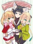  3girls animal_ears aqua_eyes black_dress black_hair blonde_hair cape cardigan closed_mouth dress fingerless_gloves food fox_ears fox_girl fox_shadow_puppet gloves green_cardigan green_eyes hair_over_one_eye inaba_gou kitsunegasaki_tametsugu_(tenka_hyakken) low_ponytail miyabi_(tenka_hyakken) multicolored_hair multiple_girls open_mouth orange_eyes pleated_skirt red_cape ribbon skirt sushi tamon_ketsuyuki tenka_hyakken thighhighs twintails v white_dress 