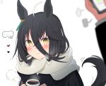  ... 1boy 1girl animal_ears bangs black_hair black_jacket blurry blurry_foreground blush cellphone coffee coffee_cup commentary_request cup depth_of_field disposable_cup enpera fujiyama_ichiha hair_between_eyes heart highres holding holding_phone horse_ears horse_girl horse_tail jacket long_sleeves manhattan_cafe_(umamusume) orange_eyes phone scarf simple_background solo_focus spoken_ellipsis tail trainer_(umamusume) umamusume white_background white_scarf 