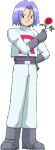  1boy black_gloves blue_hair flower full_body gloves james_(pokemon) looking_at_viewer lowres male_focus pokemoa pokemon pokemon_(anime) pokemon_(classic_anime) red_flower red_rose rose short_hair solo team_rocket team_rocket_uniform transparent_background 