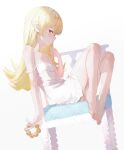  1girl absurdres bakemonogatari bangs bare_legs barefoot blonde_hair blush breasts chair collarbone darr1o doughnut dress dutch_angle eyelashes feet food from_side full_body hand_up highres holding knees_up leaning_back legs legs_together looking_at_viewer monogatari_(series) orange_eyes oshino_shinobu parted_lips pointy_ears shadow shiny_skin short_dress sidelocks sitting small_breasts solo strap_slip thighs toenails toes white_background white_dress 