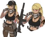 1girl 3_small_spiders absurdres assault_rifle bandana belt_buckle blonde_hair breasts buckle cape cleavage gun handgun headphones highres holding holding_gun holding_weapon holster large_breasts mole mole_on_breast mouthpiece original pants red_eyes reference_sheet rifle smile solo tank_top weapon white_background 