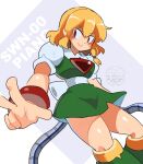  1girl absurdres blonde_hair chest_jewel commentary full_body green_shirt green_skirt highres mega_man_(classic) mega_man_(series) original piano_(srnhuyuno) robot_girl scar scar_on_face shirt simple_background skirt solo srnhuyuno stitched_face stitches untranslatable_commentary watermark white_background white_shirt 