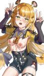  1girl animal_ear_fluff animal_ears blonde_hair blush bow breasts bukkake colored_inner_hair commentary_request cowboy_shot cum cum_on_body cum_on_breasts cum_on_clothes cum_on_hair double_v facial fingerless_gloves gloves green_eyes hands_up high-waist_shorts highres jacket ju_fufu kuro_emimi long_hair looking_at_viewer medium_breasts multicolored_hair nipples open_mouth shirt shorts simple_background smile solo striped_fur striped_hair tail tail_bow tail_ornament thigh_strap tiger_ears tiger_girl tiger_stripes tiger_tail torn_clothes v white_background white_hair yellow_jacket zenless_zone_zero 