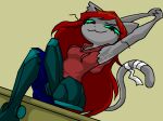  anthro armpit_hair bandage body_hair clothing domestic_cat felid feline felis female green_eyes hair hoodie lidded_eyes looking_at_viewer looking_down mallorie_(quiettomato) mammal prosthetic prosthetic_leg prosthetic_limb quiettomato red_hair simple_background sitting solo stretching topwear 