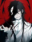  1boy alternate_universe bleach closed_mouth commentary_request darkness evil_smile fingernails hair_over_one_eye highres konetaa kurosaki_ichigo long_hair looking_at_viewer male_focus parted_lips quincy_(bleach) red_background saigo_no_getsuga_tenshou simple_background smile solo teeth wandenreich_uniform 