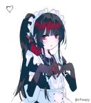  1girl alternate_costume apron artist_name black_gloves black_hair collared_shirt commentary_request foopy gloves heart heart_hands highres long_glove long_hair looking_at_viewer mahou_shoujo_no_majo_saiban maid maid_headdress neck_ribbon nikaido_hiro ponytail red_eyes ribbon shirt signature simple_background solo watermark white_background 