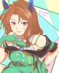  1girl animal_ears bare_shoulders black_garter_straps brown_hair buttons commentary_request dress ear_covers garter_straps gloves green_dress green_gloves hand_on_own_hip highres horse_ears horse_girl ibispaint_(medium) king_halo_(king_of_emeralds)_(umamusume) king_halo_(umamusume) looking_at_viewer medium_hair solo tamagushi_(rif-33) umamusume upper_body 