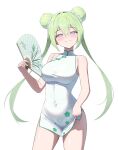  1girl absurdres arm_at_side blush breasts china_dress chinese_clothes closed_mouth clothes_lift commentary covered_navel cowboy_shot double-parted_bangs double_bun dress dress_lift green_hair hair_between_eyes hair_bun hair_intakes hand_fan hand_up highres holding holding_fan impossible_clothes impossible_dress large_breasts lifting_own_clothes long_bangs looking_at_viewer microdress paper_fan purple_eyes side_slit simple_background sleeveless sleeveless_dress smile solo standing stellive taut_clothes taut_dress tube_kim11 twintails virtual_youtuber white_background white_dress yuzuha_riko 