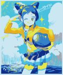  1girl :q ;q aikatsu! aikatsu!_(series) arisugawa_otome bad_id bad_pixiv_id ball beachball cloud cone_hair_bun cowboy_shot double_bun hair_bun holding holding_ball holding_beachball jewelry limited_palette long_sleeves looking_at_viewer miniskirt navel necklace one_eye_closed outdoors pleated_skirt sakuragi_mochi shirt short_hair skirt sky smile solo sparkle standing tongue tongue_out water 