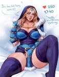  1girl aqua_eyes ave_poppea blonde_hair blue_dress blue_eyeshadow blue_gem blue_thighhighs blush breasts collarbone crystal_maiden dota_(series) dress english_text eyeshadow facing_viewer forehead forehead_jewel full-face_blush gem highres large_breasts legs long_hair looking_to_the_side makeup nose nostrils parted_lips pelvic_curtain simple_background speech_bubble sweat teeth thick_thighs thighhighs thighs twitter_strip_game upper_teeth_only white_background 
