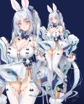  1girl animal_ears aqua_eyes bangs bare_shoulders blue_background blue_bow blue_bowtie blush bow bowtie breasts carrot dress full_body grey_hair hair_ornament highres large_breasts long_hair long_sleeves looking_at_viewer multiple_views obiwan original panties parted_bangs parted_lips rabbit_ears signature simple_background sleeves_past_fingers sleeves_past_wrists thighhighs thighs twintails underwear weisuoxin white_dress white_panties white_thighhighs 