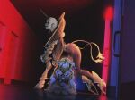  2girls bald commentary_request crying dress from_side highres horns kawasemi_alter kneeling long_hair magia_record:_mahou_shoujo_madoka_magica_gaiden magical_girl mahou_shoujo_madoka_magica mahou_shoujo_madoka_magica:_hangyaku_no_monogatari momoe_nagisa multiple_girls multiple_tails profile single_horn stitched_mouth stitches tail two_tails unicorn white_hair yu_(madoka_magica) 