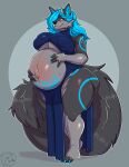 anthro big_breasts big_tail blue_eyes blue_hair blush bodily_fluids breasts canid canine canis clothed clothing deadzgaia dragon dress ethmeol fur gynomorph hair hi_res hybrid intersex mammal mayternity_2026 multicolored_body multicolored_fur mythological_creature mythological_scalie mythology nervous nervous_smile pregnant pregnant_gynomorph pregnant_intersex scalie slightly_chubby solo sweat sweatdrop tail thick_thighs wolf womb_tattoo