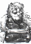  1boy adversarial_noise animal_ears arknights artist_name bara bodysuit closed_mouth commentary_request furry furry_male greyscale highres jacket jacket_on_shoulders male_focus monochrome mountain_(arknights) mountain_(hardcore_rider)_(arknights) muscular muscular_male pectorals scar scar_across_eye scar_on_face shirako_(kirupi) smile sunglasses tiger_boy tiger_ears tiger_stripes white_background 