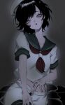  1girl :o black_hair black_panties collared_shirt commentary_request green_eyes hat highres looking_at_viewer midriff murasa_minamitsu neckerchief neon_(co2co8) open_fly panties panty_peek red_neckerchief shirt short_sleeves shorts sky solo star_(sky) touhou underwear water white_hat white_shirt white_shorts 