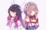  2girls automaton_(object) becauseegg black_collar bonnet collar columbina_(genshin_impact) commentary eye_mask fatui_coat genshin_impact hair_ornament headdress highres mask multicolored_hair multiple_girls multiple_wings purple_streaks sandrone_(genshin_impact) simple_background streaked_hair white_headdress white_mask white_wings wings 