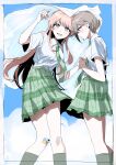  2girls absurdres bandaid bandaid_on_knee bandaid_on_leg bang_dream! bang_dream!_it's_mygo!!!!! blue_sky blush chihaya_anon closed_mouth cloud collared_shirt commentary_request day fang green_necktie green_skirt grey_eyes grey_hair haneoka_school_uniform highres holding_hands long_hair multiple_girls necktie open_mouth outdoors pink_eyes pink_hair plaid_clothes plaid_skirt pleated_skirt school_uniform shirt skirt sky smile suudori takamatsu_tomori white_shirt yuri 