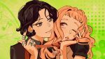  2girls absurdres beamed_eighth_notes black_hair black_nails blunt_bangs blush collared_shirt commentary ear_piercing earrings eighth_note english_commentary eye_contact green_background highres holding jewelry kininatteru_hito_ga_otoko_ja_nakatta koga_mitsuki lips long_hair looking_at_another mole mole_under_eye multiple_girls multiple_rings musical_note necktie one_eye_closed oosawa_aya parted_lips piercing pink_eyes pink_hair pink_nails polka_dot polka_dot_background red_necktie ring shabexzart shirt short_hair sidelocks smile sparkle t-shirt thumb_ring yuri 