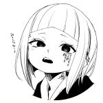  1girl barbell_piercing close-up ear_piercing facial_tattoo greyscale highres industrial_piercing looking_at_viewer monochrome open_mouth original piercing short_hair solo tattoo untsuku 
