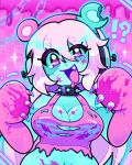  !? :3 :d animal_ear_headphones animal_ears animal_hands aqua_skin bear_ear_headphones bear_ears blood blood_on_breasts blood_on_face breasts chain checkered_background closed_mouth colored_blood colored_skin commentary english_commentary fake_animal_ears fang gloomy_bear headphones highres inky_trash itazuraguma_no_gloomy large_breasts navel nitroplus open_mouth pink_background pink_blood pink_eyes pink_hair pink_tank_top shirt smile stitches super_sonico tank_top torn_clothes torn_shirt yami_kawaii zombie 