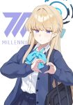  1girl bag blonde_hair blue_archive blue_bag blue_cardigan blue_eyes blue_halo blue_ribbon blue_skirt blush braid cardigan collared_shirt commentary_request commission dot_nose english_text hair_intakes halo heart heart_hands highres long_hair long_sleeves looking_at_viewer millennium_science_school_logo neck_ribbon open_cardigan open_clothes open_mouth pleated_skirt ribbon school_bag shirt simple_background skeb_commission skirt solo standing sweatdrop toki_(blue_archive) toughman upper_body white_background white_shirt 