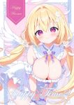  1girl aoi_yun bare_shoulders blonde_hair blush breasts cleavage closed_mouth commentary_request cover cover_page detached_sleeves dress english_text flower frilled_wrist_cuffs frills hair_between_eyes hair_flower hair_intakes hair_ornament halo highres large_breasts leaning_forward long_hair looking_at_viewer low_twintails original pink_halo puffy_short_sleeves puffy_sleeves purple_eyes purple_ribbon ribbon short_sleeves sleeveless sleeveless_dress smile solo twintails very_long_hair white_dress white_flower white_wings white_wrist_cuffs wings wrist_cuffs 