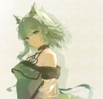  1girl absurdres animal_ears arknights bare_shoulders cat_ears cat_girl chinese_commentary chromatic_aberration closed_mouth commentary_request dress drop_shadow green_dress green_eyes green_hair grey_background halter_dress halterneck highres kal'tsit_(arknights) looking_at_viewer medium_hair off_shoulder see-through_clothes see-through_sleeves solo ume_kiyou upper_body 