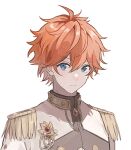  1boy akehoshi_subaru blue_eyes closed_mouth commentary ensemble_stars! expressionless grey_jacket hair_between_eyes hamkoong jacket korean_commentary looking_at_viewer male_focus multicolored_jacket orange_hair portrait short_hair simple_background two-tone_jacket white_background 