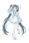  1girl absurdly_long_hair absurdres alternate_costume alternate_hairstyle aris_(blue_archive) black_hair blue_archive blue_eyes blue_hair blue_jacket blue_shoes blue_skirt blue_socks blush colored_inner_hair commentary frilled_thigh_strap hair_between_eyes highres jacket jersey_maid kneehighs leg_warmers long_hair maid maid_headdress meow_kim0808 missing_halo multicolored_hair open_mouth petticoat shoes single_kneehigh single_sock skirt socks solo striped_clothes striped_socks thigh_strap twintails two-tone_hair unconventional_maid v very_long_hair white_leg_warmers 