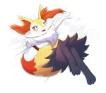  1girl absurdres animal_ear_fluff animal_ears black_fur blush body_fur braixen chest_tuft commentary english_commentary ezest fangs fox_ears fox_tail furry furry_female highres looking_at_viewer lying multicolored_fur on_back on_bed open_mouth orange_fur pokemon pokemon_(creature) red_eyes red_nose signature smile snout solo tail thick_thighs thighs white_fur yellow_fur 