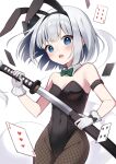  1girl animal_ears black_leotard black_pantyhose black_ribbon blue_eyes blush card covered_navel detached_collar fake_animal_ears fishnet_pantyhose fishnets gloves groin hair_ribbon highres hitodama holding holding_sword holding_weapon katana konpaku_youmu konpaku_youmu_(ghost) leotard open_mouth pantyhose rabbit_ears ribbon sheath short_hair simple_background solo strapless strapless_leotard suzuno_naru sword touhou unsheathing weapon white_background white_gloves white_hair 