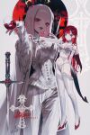  2girls absurdres akane_lize arm_garter black_ribbon blood blouse bra breasts castle cicei coat commentary_request corset cross cross_earrings cup dagger demon_tail demon_wings drinking_glass dual_persona earrings elbow_gloves fangs frilled_corset frills garter_belt gloves grey_eyes hair_ornament hairclip halo high_heels highres holding holding_dagger holding_knife holding_weapon jewelry knife lace-trimmed_bra lace-trimmed_panties lace-trimmed_thighhighs lace_trim lingerie medium_breasts mole mole_under_eye multicolored_hair multiple_girls navel neck_ribbon open_mouth orange_streaks pale_skin panties pants parted_lips red_eyes red_shoes red_sky red_streaks ribbon shirt shoes sky slit_pupils standing stellive streaked_hair tail thighhighs underwear underwear_only vampire virtual_youtuber weapon white_coat white_corset white_garter_belt white_gloves white_hair white_pants white_shirt wine_glass wings yellow_halo 