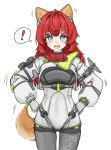  ! 1girl :d akekuri_(arknights) animal_ears arknights arknights:_endfield blue_eyes bodysuit breasts commentary cowboy_shot dog_ears dog_girl dog_tail duplicate hands_on_own_hips highres long_hair looking_at_viewer medium_breasts open_mouth red_hair smile solo speech_bubble spoken_exclamation_mark straight-on sussurrobestmom tail teeth upper_teeth_only white_background 