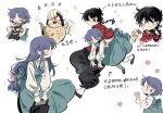  1boy 1girl animal bag black_bag black_eyes black_hair black_pants black_shoes blue_eyes blue_hair blush blush_stickers braid brown_eyes carrying carrying_under_arm check_translation chewing chibi chinese_clothes chinese_commentary chinese_text closed_eyes closed_mouth commentary dress flower food food_on_face fuurinkan_high_school_uniform hetero highres holding holding_animal holding_bag holding_flower holding_teapot long_hair open_mouth p-chan_(ranma_1/2) pants piglet pinafore_dress pink_flower puffy_cheeks ranma_1/2 saotome_ranma saotome_ranma_(male) school_uniform shirt_under_dress shoes short_hair single_braid sleeveless sleeveless_dress smile steamed_bun tangzhuang teapot tendou_akane translation_request tutu_bu_chi_cao_chi_qiangyao 