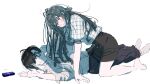  1boy 1girl absurdres all_fours black-framed_eyewear black_hair black_pants black_skirt blush box commentary_request gakuen_idolmaster gift gift_box glasses green_hair hands_up hetero highres idolmaster kasasagi_(futagodori888) long_hair lying on_back pants partial_commentary plaid_clothes plaid_shirt producer_(idolmaster) shirt shirt_tucked_in skirt sweatdrop tears tsukimura_temari very_long_hair white_shirt yukadon 