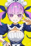  1girl absurdres ahoge anchor_symbol arm_up artist_name blue_bow blue_bowtie blue_dress blue_hair blue_ribbon blue_streaks blunt_bangs bow bowtie braid breasts cleavage cleavage_cutout clothing_cutout collar collarbone colored_inner_hair commentary dot_nose dress drill_hair eyes_visible_through_hair fanged_bangs framed_breasts frilled_hairband frilled_shirt_collar frills grin hair_ribbon hairband hand_on_own_hip highres hololive long_hair looking_at_viewer maid_headdress medium_breasts minato_aqua minato_aqua_(1st_costume) mugi626 multicolored_hair puffy_short_sleeves puffy_sleeves purple_eyes purple_hair ribbon short_eyebrows short_sleeves side_braids sidelocks simple_background smile solo streaked_hair twin_drills twintails two-tone_hair upper_body v v-shaped_eyebrows virtual_youtuber white_bow white_collar white_hairband white_trim white_wrist_cuffs wrist_cuffs yellow_background 