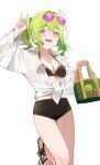  1girl absurdres bag bikini black_bikini black_sandals blush breasts cleavage collared_shirt commentary dot_nose double-parted_bangs eyewear_on_head foot_out_of_frame green_bag green_hair hair_intakes hands_up highres holding holding_bag leg_up long_sleeves looking_at_viewer medium_breasts medium_hair multicolored_hair open_clothes open_mouth open_shirt opm7760 purple-tinted_eyewear purple_eyes sandals shirt simple_background smile solo standing standing_on_one_leg stellive streaked_hair swimsuit tied_shirt tinted_eyewear twintails v virtual_youtuber white_background white_shirt yuzuha_riko 