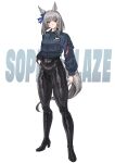  1girl absurdres animal_ears arm_at_side black_boots black_pants blue_bow blue_jacket boots bow character_name closed_mouth collared_jacket commentary_request crotch_seam ear_bow fukuro_(maruaru00) full_body gradient_eyes grey_hair hand_in_pocket high_heel_boots high_heels highres horse_ears horse_girl horse_tail jacket long_sleeves looking_at_viewer medium_hair multicolored_eyes original pants personification real_life shiny_clothes solo sophia_blaze_(racehorse) tail umamusume wing_collar zipper zipper_pull_tab 